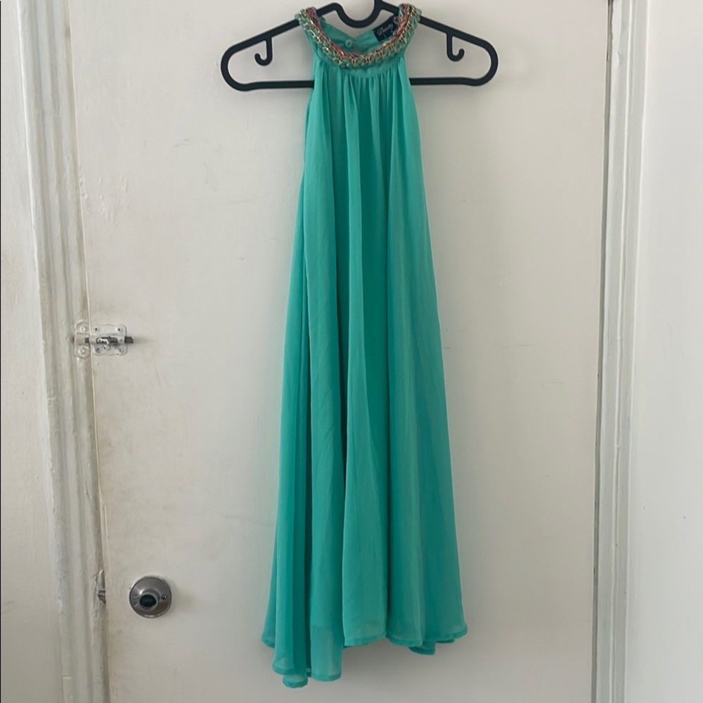 Elegant Teal Halter Dress with Beaded Neckline